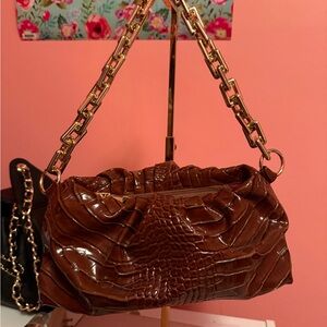 Brown Croc-Embossed Shoulder Bag with Gold Chain